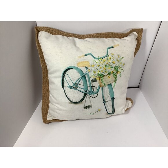 Decorative Pillow With Jute Trim Bicycle Print 18"x18" Square Cushion-Home Décor - Picture 1 of 4